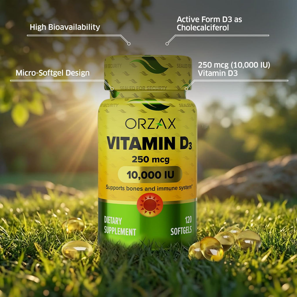 ORZAX Vitamina D3 10000 UI (250 mcg) – 120 Cápsulas Blandas – Sin Gluten, Sin Azúcar, No-GMO