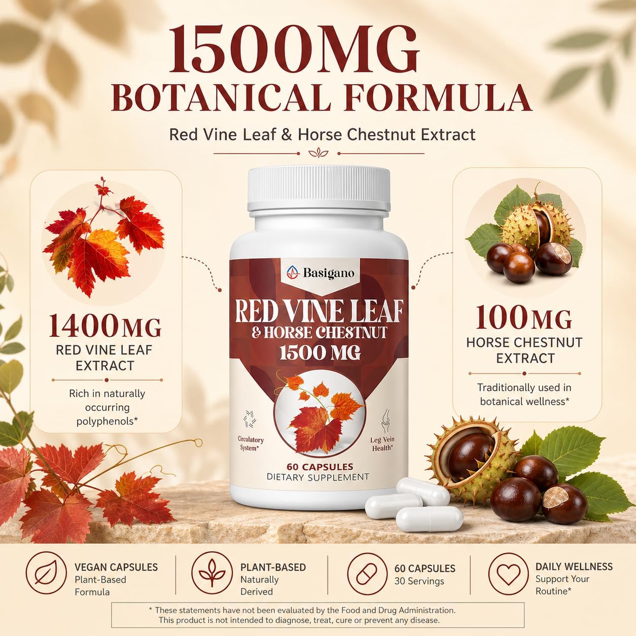 Cápsulas de Extracto de Hoja de Vid Roja y Castaño de Indias 1500 mg - Basigano