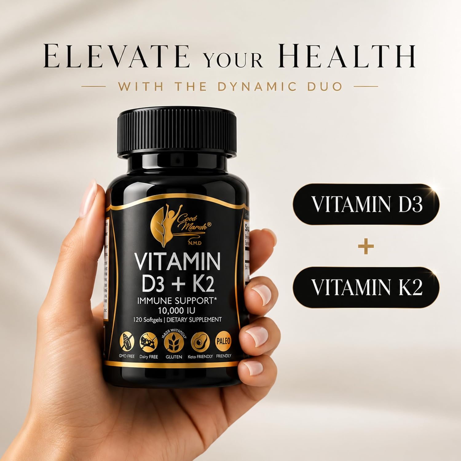 Cocó March N.M.D Vitamina D3+K2 10.000 UI - 180 mcg de Vitamina K2, 250 mcg de Vitamina D3, 120 Cápsulas, Sin Gluten, No GMO