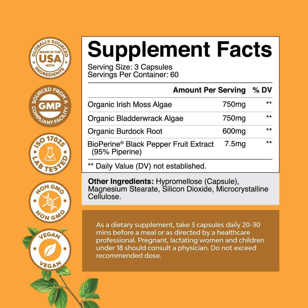 Natures Craft Cápsulas de Musgo Marino Irlandés - 2100mg por Dosis - Complejo de Superalimentos con Bladderwrack, Bardana y BioPerina - 180 Cápsulas