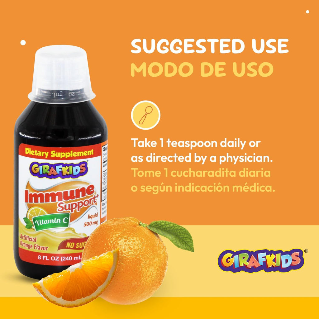 GirafKids Liquid Vitamin C for Kids Ages 4+ | 8 Fl Oz, 500mg | No-Sugar Formula with Safe, Premium Ingredients | Delicious Orange Flavor | Immune Support & Energy Boost