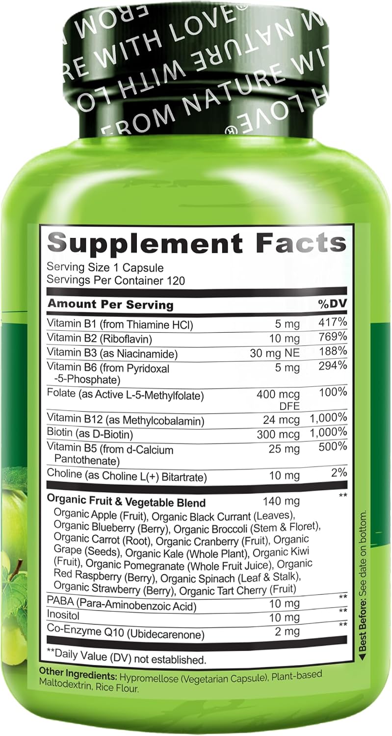 NATURELO Complejo Vitamínico B, 120 Cápsulas, Vegano, Metilado, con CoQ10 y Mezcla de Frutas y Verduras