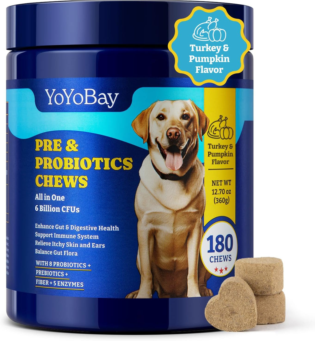 YoYoBay Probiotics for Dogs - 6 Billion CFUs, Dog Probiotics with Prebiotics & Digestive Enzymes for Gut, Immune & Skin Health - Turkey & Pumpkin Flavor, 180 Soft Chews