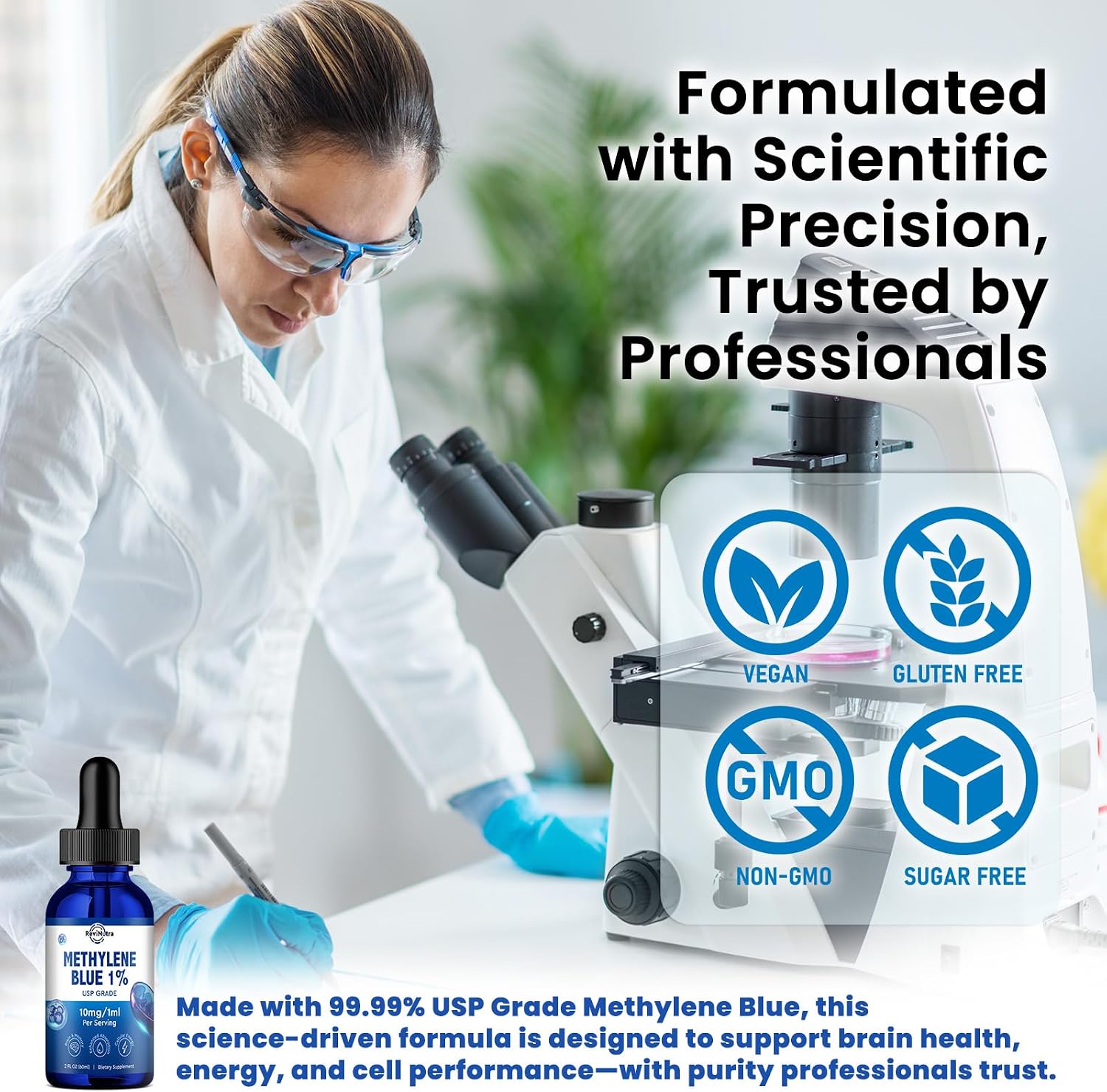 Gotas de Azul de Metileno, Grado Farmacéutico para Humanos, Suplemento Líquido para la Salud Cerebral con PQQ, CoQ10, Vitamina C, Extracto de Pimienta Negra para Apoyo Cognitivo, Grado USP 1%, 60 ml