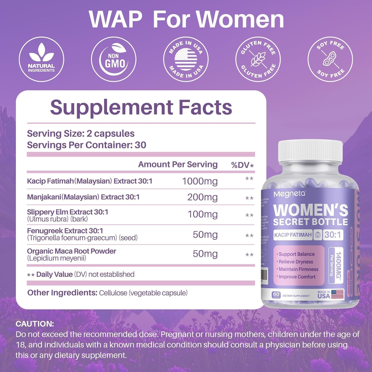Advanced Feminine Care con Kacip Fatimah, Fenugreek, Slippery Elm Bark, Manjakani, 180 Cápsulas