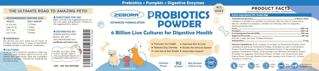 ZEBORA Probióticos para Perros, Polvo con Calabaza, Prebióticos y Enzimas Digestivas, 6 Mil Millones de UFC, Sabor a Pollo, 90 Dosis