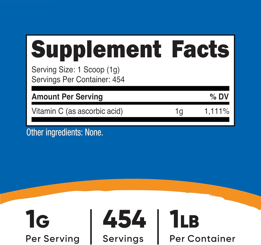 Nutricost Ácido Ascórbico Puro en Polvo (Vitamina C) - 454g