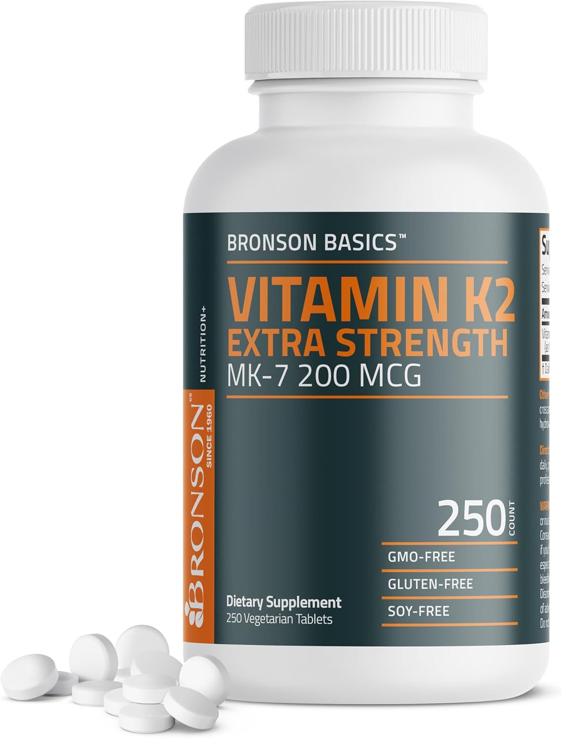 Bronson Vitamin K2 MK-7 200mcg Extra – Libre de OGM (GMO-Free): sin organismos modificados genéticamente. – Image 1