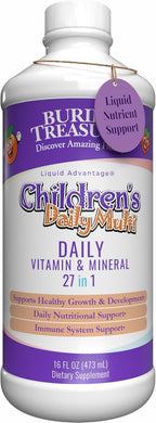 Buried Treasure Multivitamínico Líquido Infantil – 27 Vitaminas y Minerales con Superalimentos – Sin Azúcar, Vegano, Sabor Naranja Mango