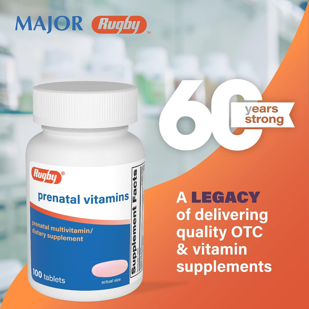 Rugby Prenatal Vitamins - Suplemento Multivitamínico y Mineral - 100 Tabletas (Pack de 3)