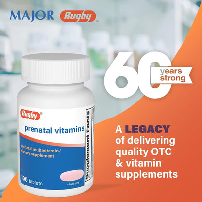 Rugby Prenatal Vitamins - Suplemento Multivitamínico y Mineral - 100 Tabletas (Pack de 3) – Image 2