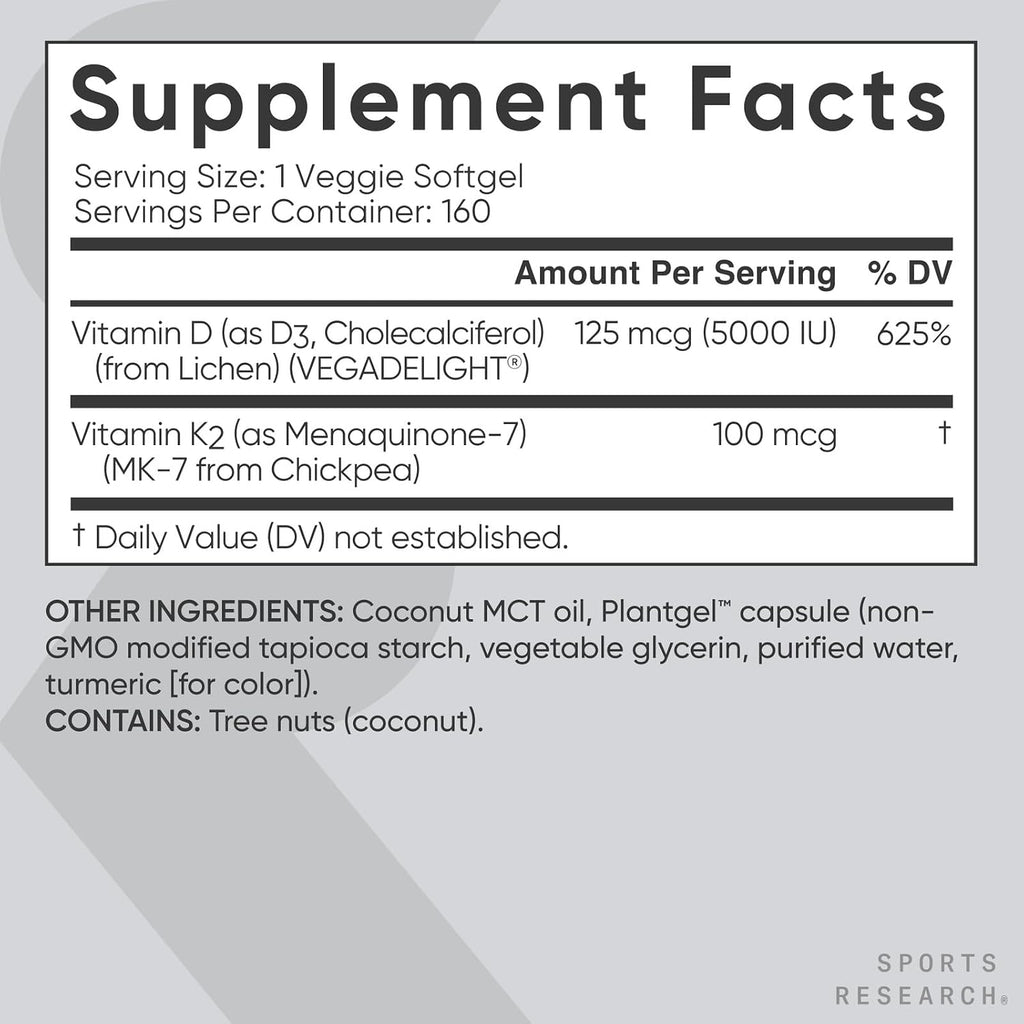 Sports Research Vitamina D3 K2 con 5000 UI de D3 vegetal y 100 mcg de Vitamina K2 como MK-7, Verificado No GMO y Certificado Vegano - 160 Cápsulas Blandas Líquidas