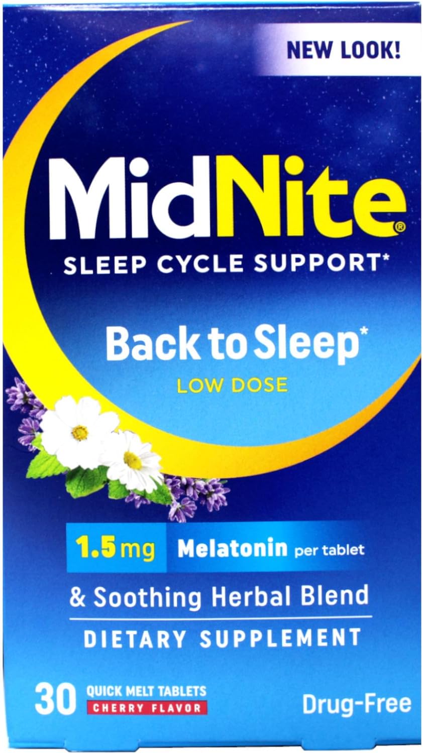 MidNite Melatonina Baja Dosis 1.5 mg con Mezcla Herbal – 30 Comprimidos de Fusión Rápida (Pack de 4)