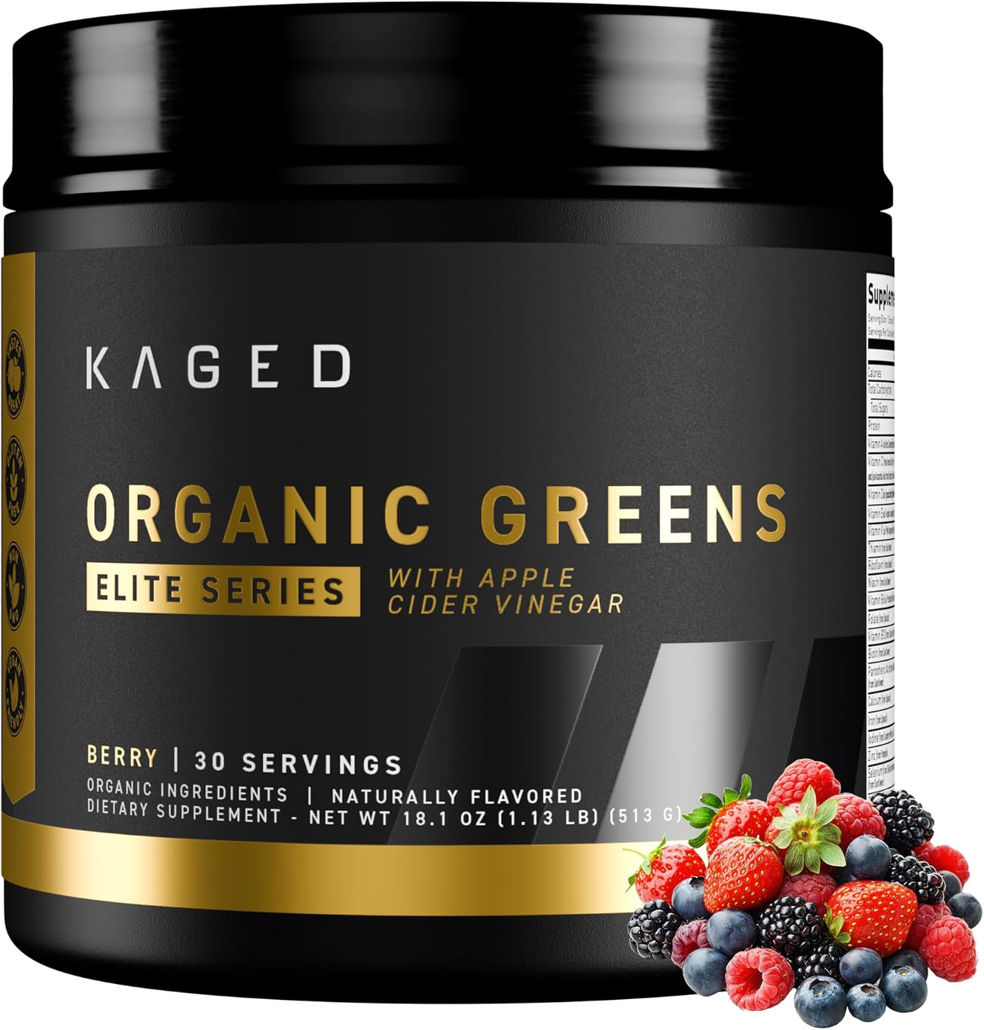 Kaged Organic Greens Elite - Superfood y Verduras en Polvo con Vinagre de Manzana, Adaptógeno, Prebióticos, Vitaminas y Minerales - Sabor Berry - 30 Porciones