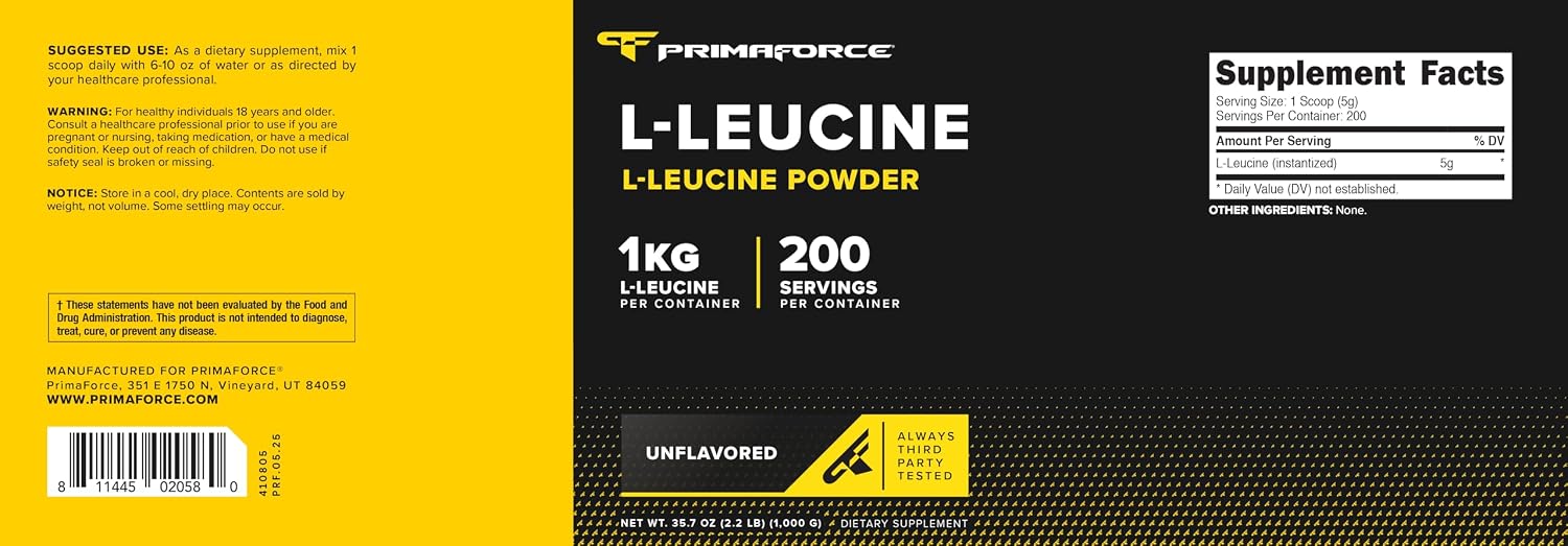 Primaforce L-Leucina Pura en Polvo 1 kg (2.2 lbs) - No OGM, Sin Gluten, 200 Porciones
