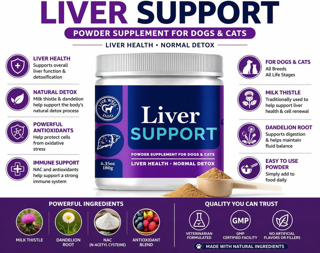 Live Well Dog Liver Support – Detox & Immunity Booster para Perros y Gatos | Cardo Mariano, NAC, Diente de León | 180 g
