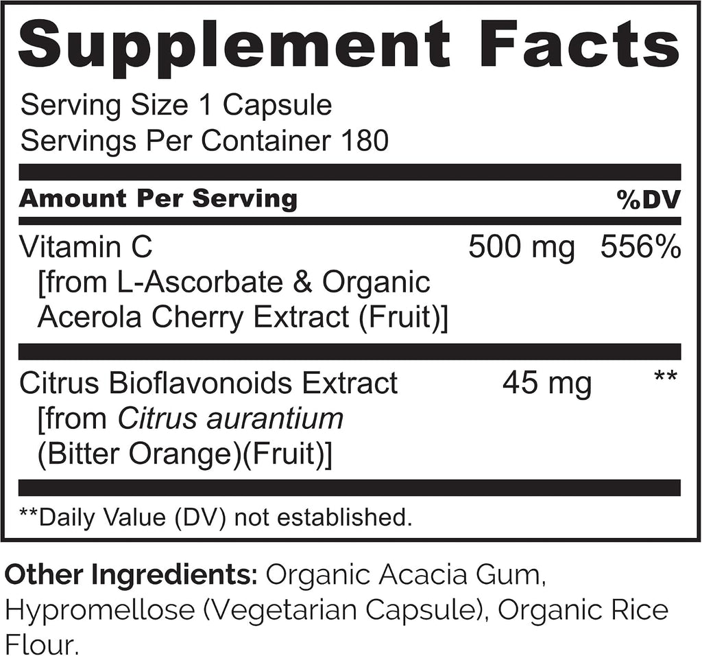 NATURELO Vitamina C con Extracto Orgánico de Acerola y Bioflavonoides Cítricos - Suplemento Vegano - 500 mg por Cápsula - 180 Cápsulas (Paquete de 2)