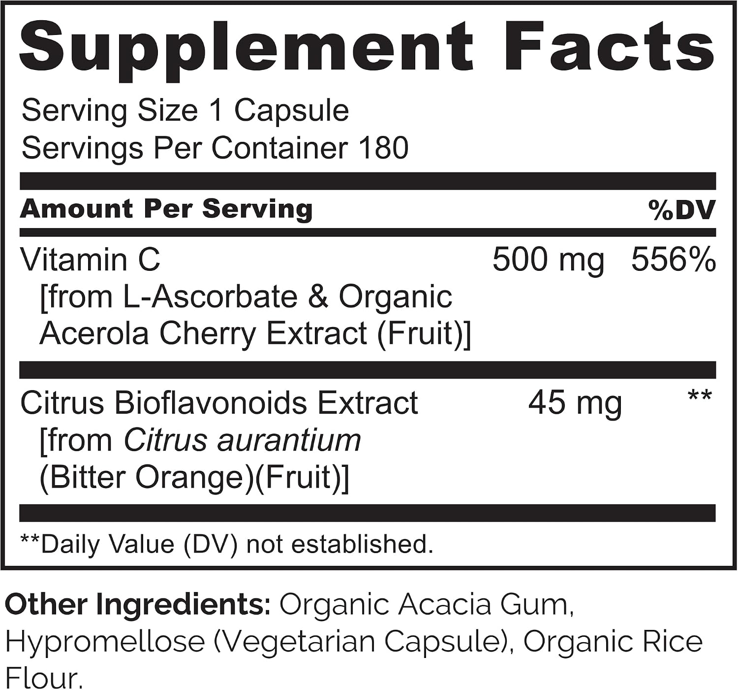 NATURELO Vitamina C con Extracto Orgánico de Acerola y Bioflavonoides Cítricos - Suplemento Vegano - 500 mg por Cápsula - 180 Cápsulas (Paquete de 2)