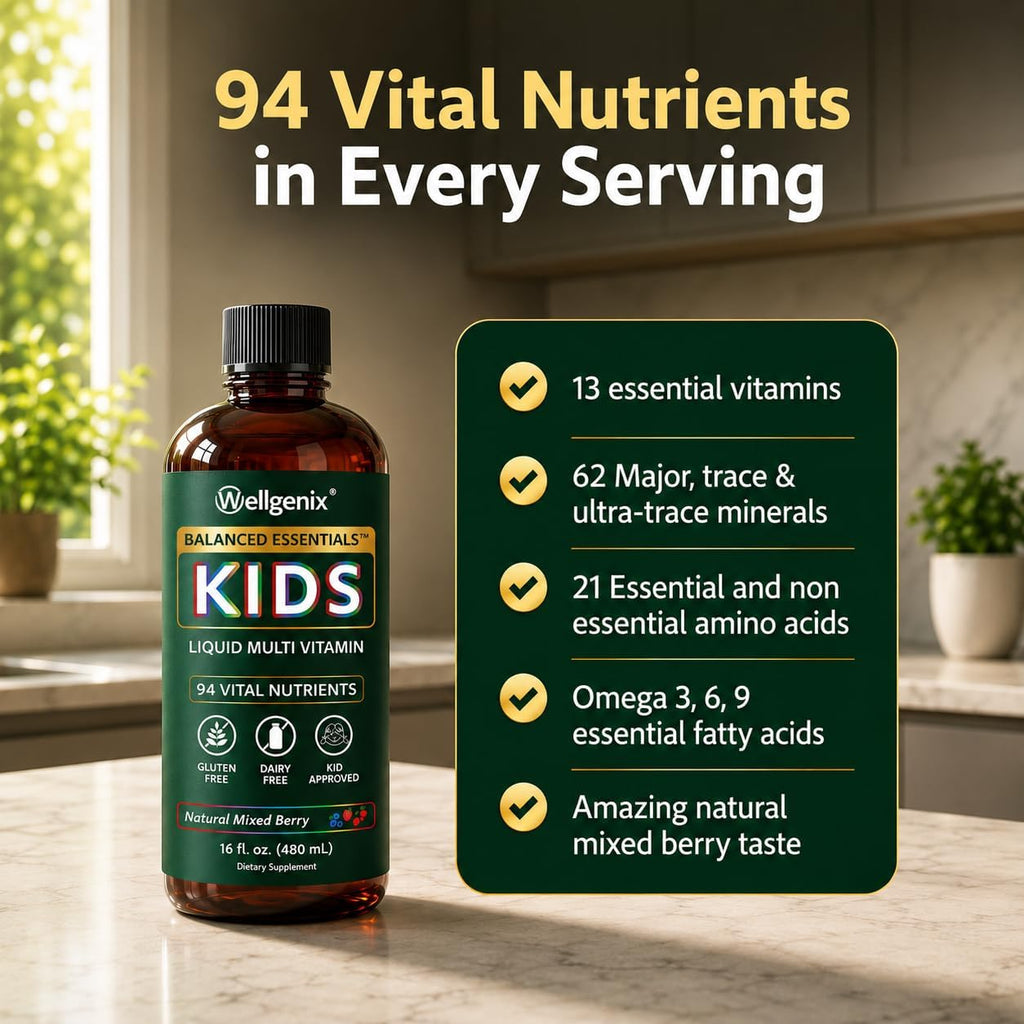 Wellgenix Balanced Essentials Kids Liquid Multivitamin - Multivitamínico Líquido Infantil con 94 Nutrientes, 473 ml