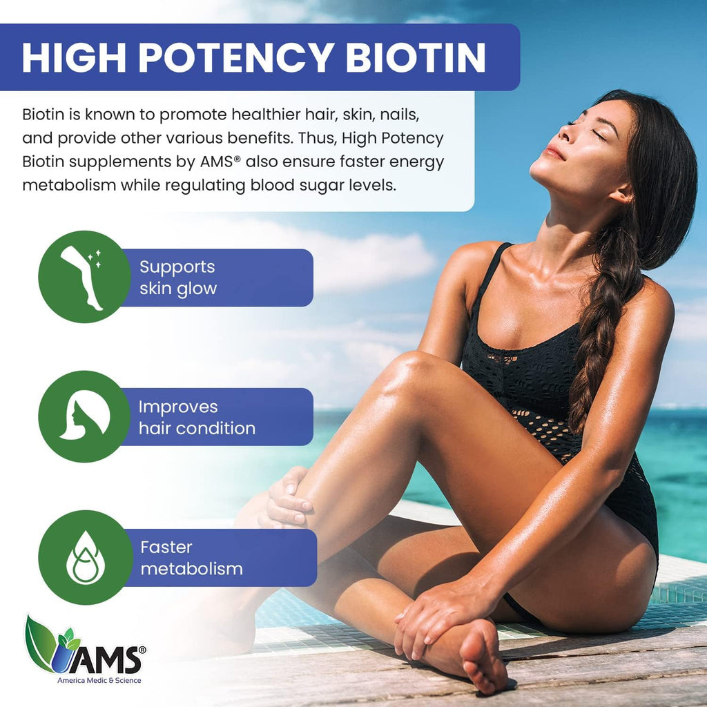 America Medic & Science Biotina 5000 mcg – Complemento de Vitamina B7 para Cabello, Piel y Uñas