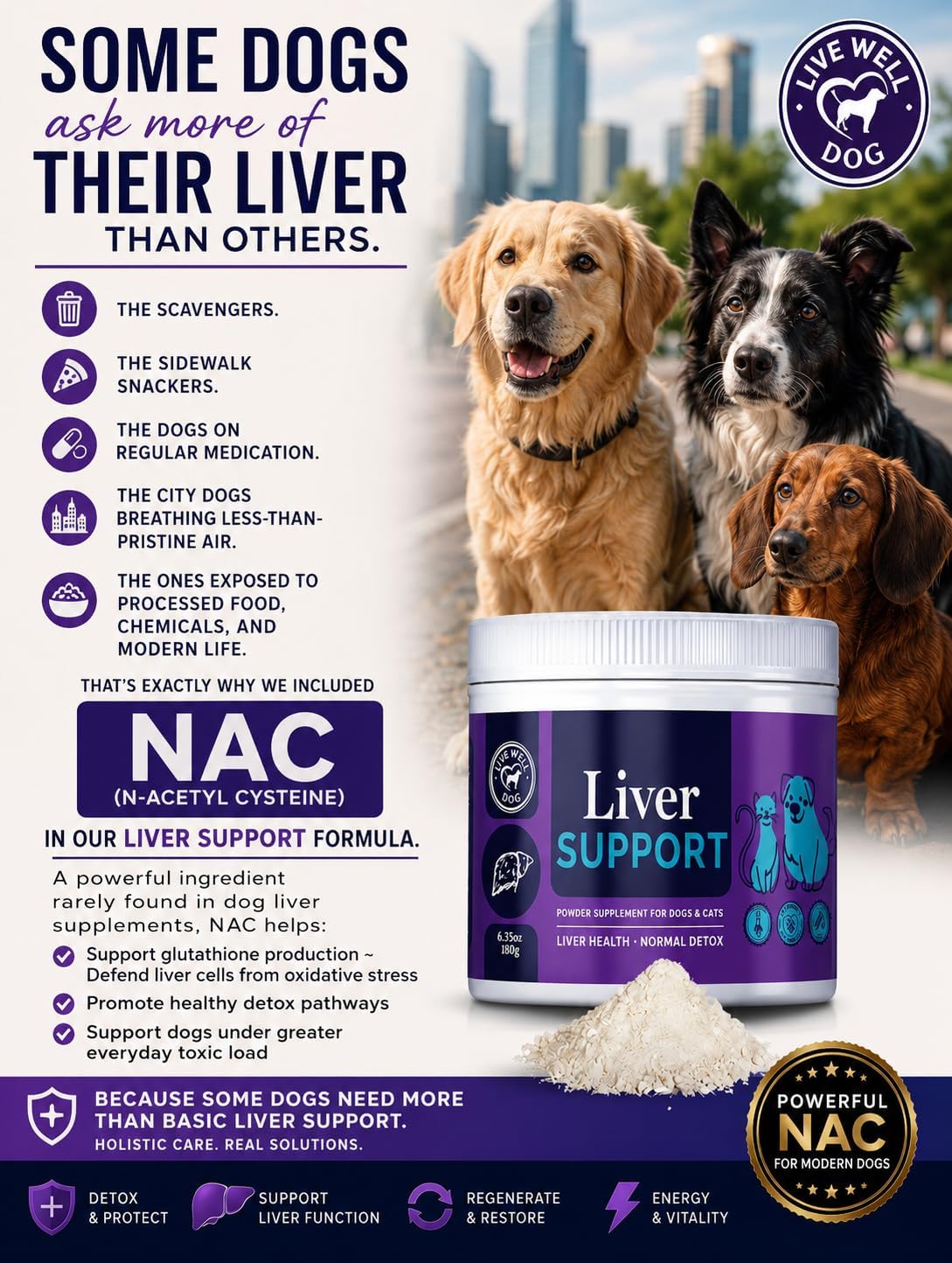 Live Well Dog Liver Support – Detox & Immunity Booster para Perros y Gatos | Cardo Mariano, NAC, Diente de León | 180 g
