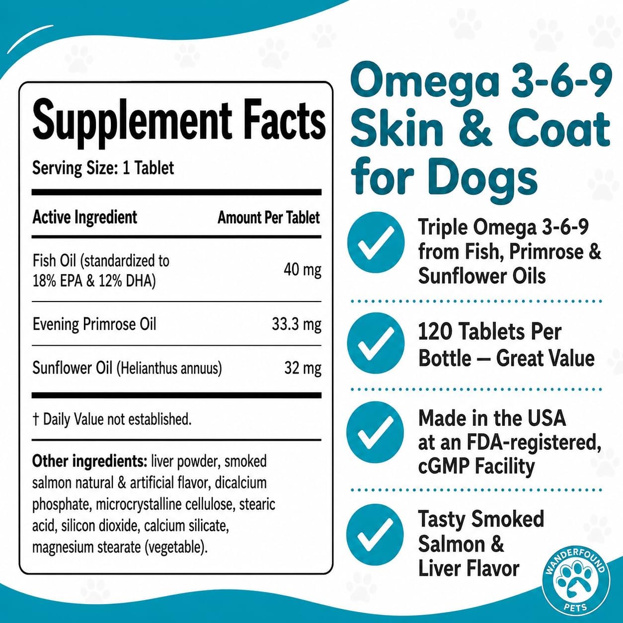 Wanderfound Pets - Omega 3 for Dogs, Smoked Salmon and Liver Flavored, 120 Chewable Tablets