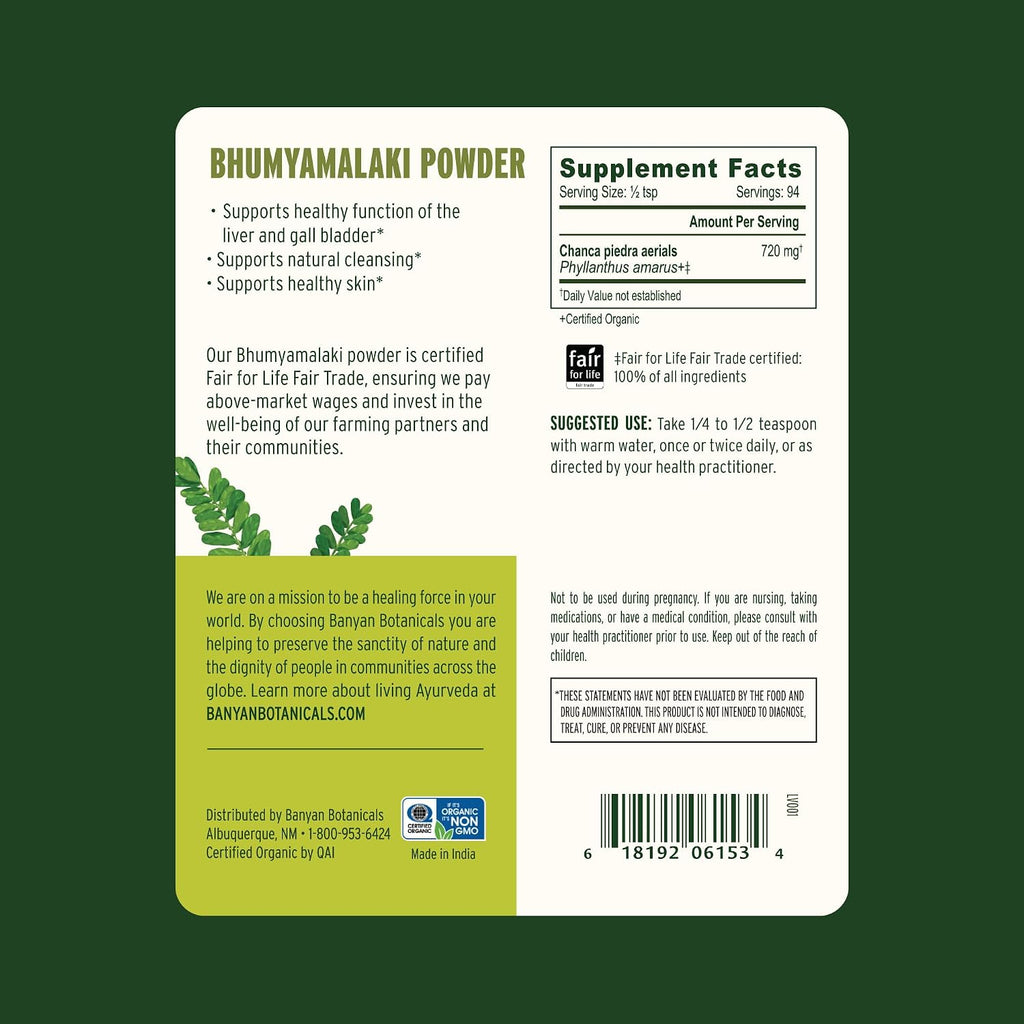Banyan Botanicals Bhumyamalaki Powder - Organic Bhumyamalaki Powder (Phyllanthus spp.) - Bitter & Cooling - Natural Ayurvedic Liver Detox* - 85g - Non-GMO, Vegan