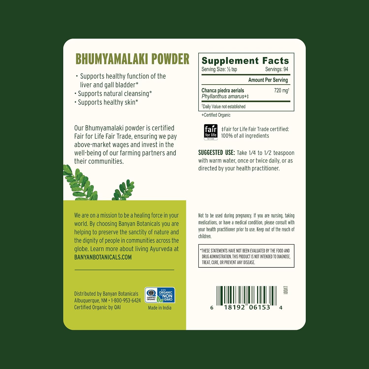 Banyan Botanicals Bhumyamalaki Powder - Organic Bhumyamalaki Powder (Phyllanthus spp.) - Bitter & Cooling - Natural Ayurvedic Liver Detox* - 85g - Non-GMO, Vegan