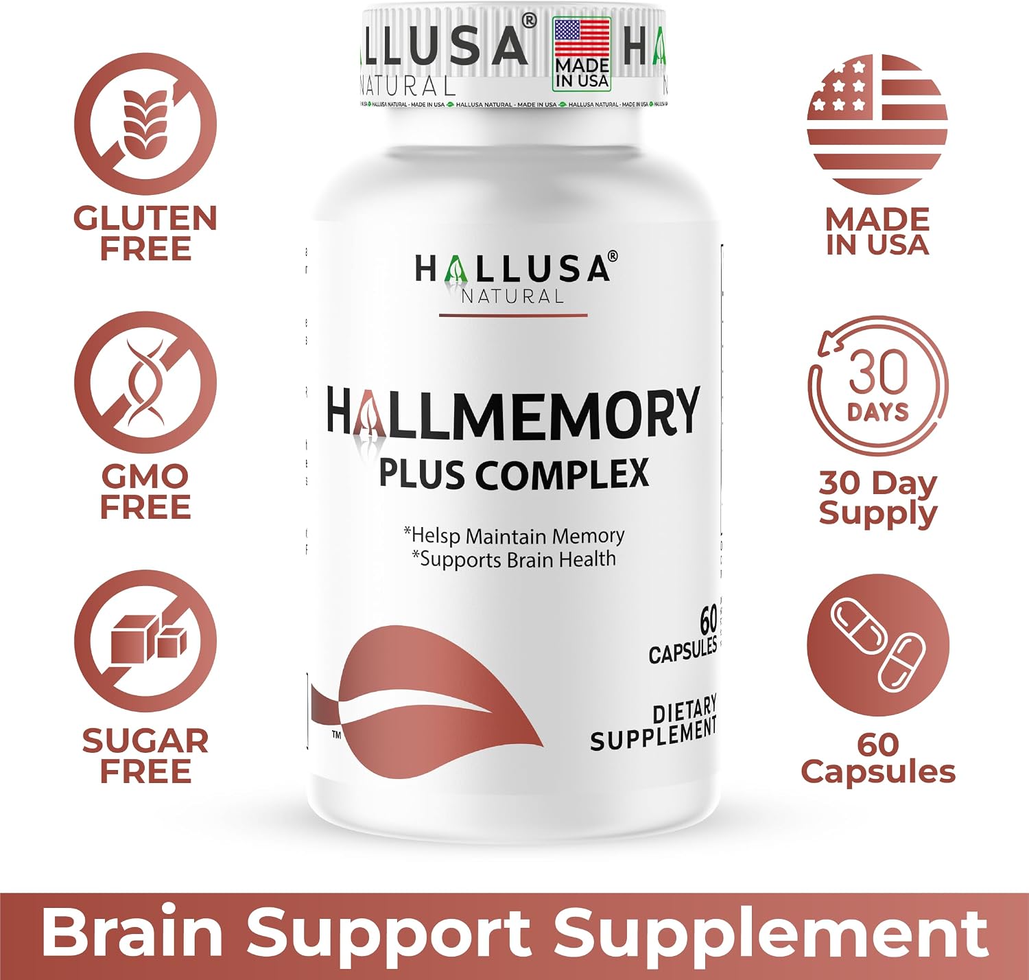 Hallusa Natural Brain Health Supplement - Memoria y Concentración con Ginkgo Biloba, Colina y Complejo B - 60 Cápsulas