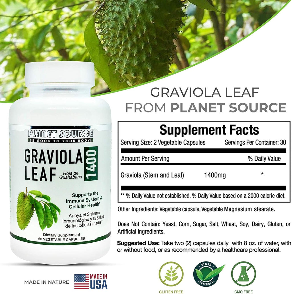 Planet Source Graviola Leaf (Annona muricata) - 1400 mg - 60 Cápsulas Vegetales