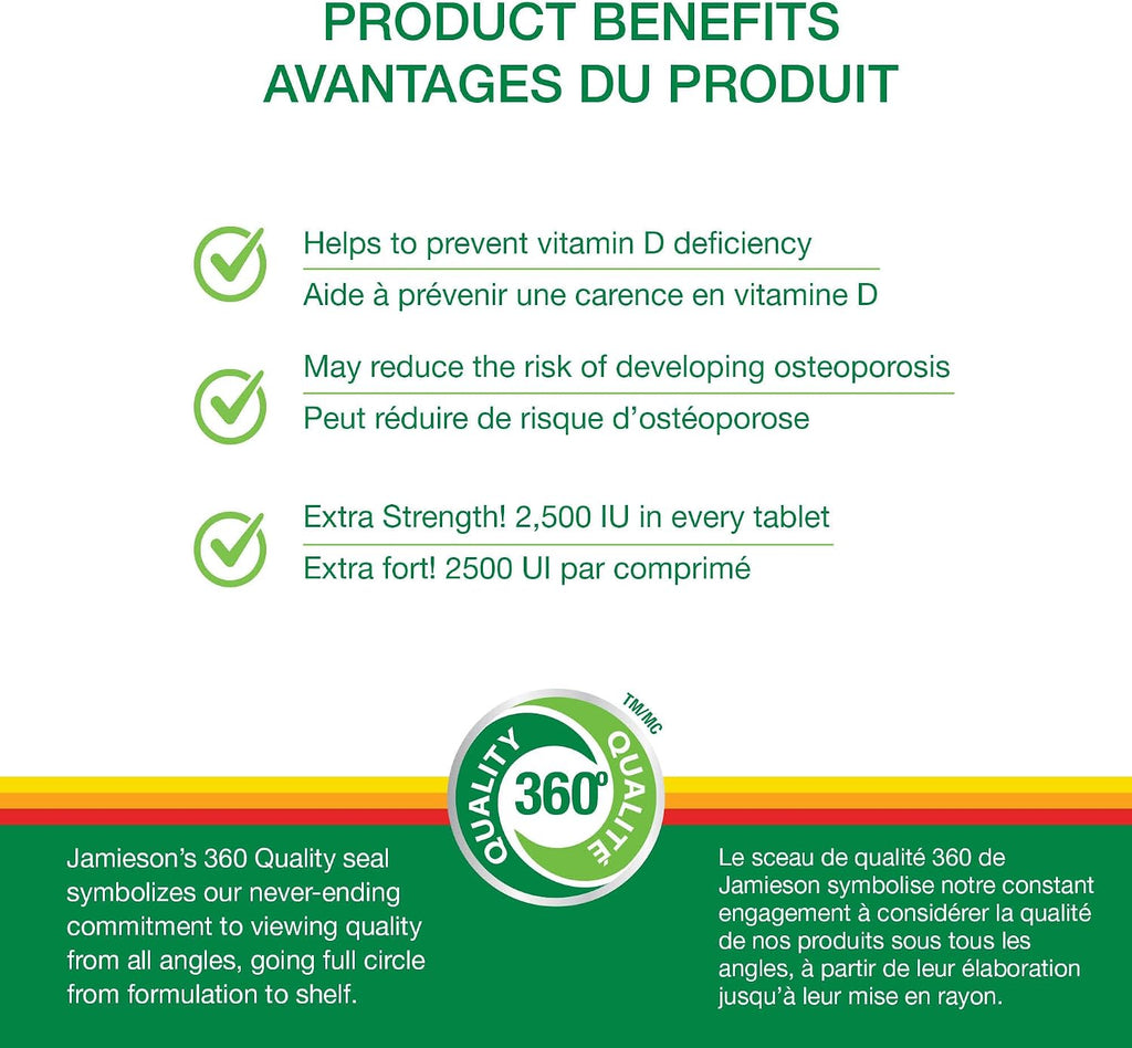 Jamieson Extra Strength Vitamina D3 2.500 IU, 180 comprimidos