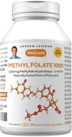 ANDREW LESSMAN Metilfolato 1000 mcg - 120 Cápsulas - Metilfolato Activo 5-MTHF - Complemento Alimenticio de Vitamina B9