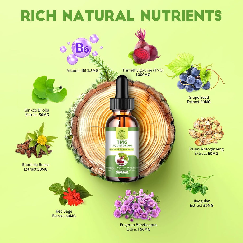 TMG (Trimetilglicina) 1000 mg - Gotas Líquidas con Betaina, Alta Absorción, No-GMO, Vegano, Sabor Naranja Sanguina, 2 x 60 ml