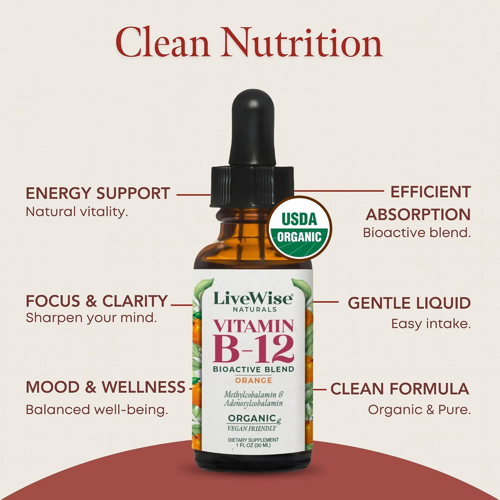 Organic Vitamin B12 1000 mcg Sublingual Liquid Drops - Naranja - 1 oz (6 Meses de Suministro)