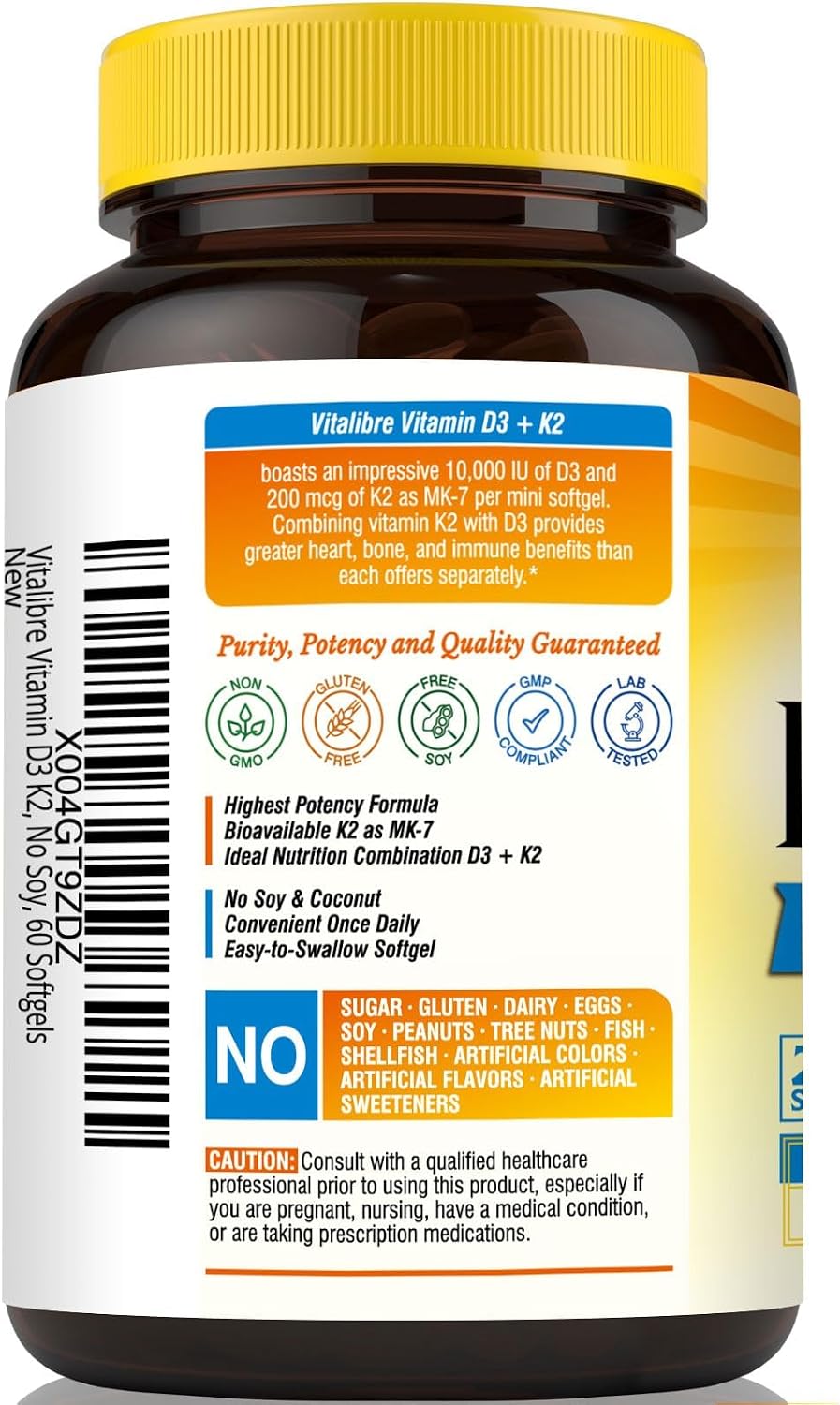 Vitalibre Vitamina D3 K2, 10000 UI D3 / 200 mcg K2 MK-7, Absorción de Calcio, Huesos, Corazón e Inmunidad, Sin Soja, 60 Cápsulas Blandas