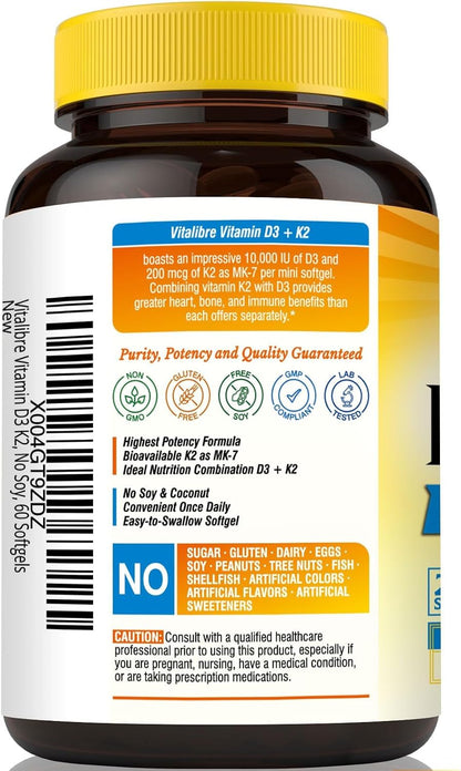 Vitalibre Vitamina D3 K2, 10000 UI D3 / 200 – Suministro para 60 días: Un frasco contiene 60 cápsulas fáciles de – Image 9