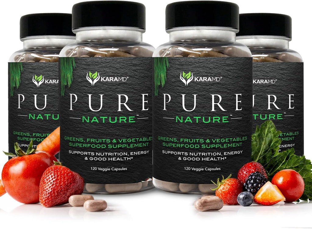 KaraMD Pure Nature | Suplemento de Verduras, Frutas y Hortalizas | Multivitamínico Integral y Antioxidantes | 20 Frutas y Verduras para Energía y Digestión | Sin Gluten y Vegano (Pack de 4)