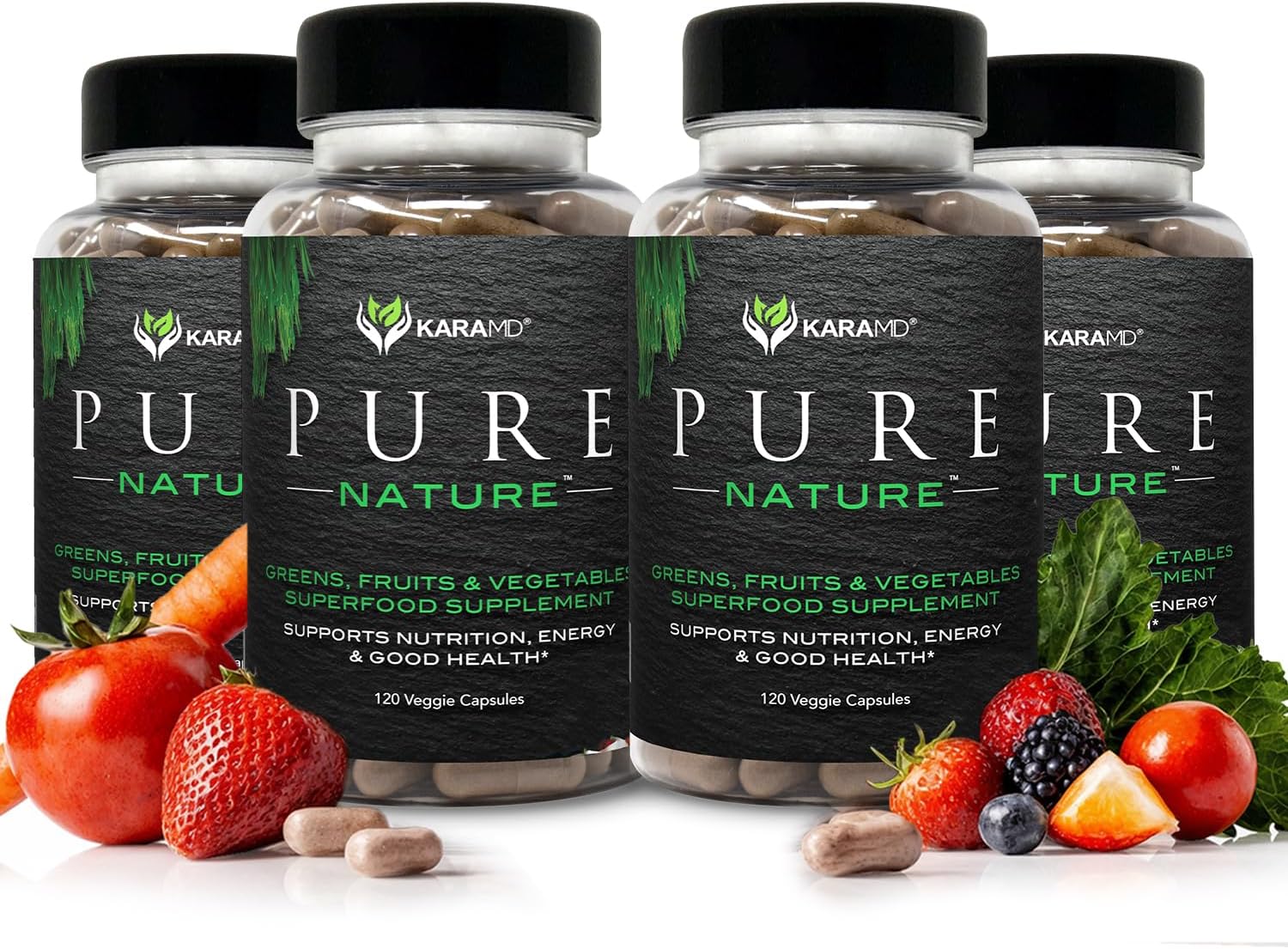 KaraMD Pure Nature | Suplemento de Verduras, Frutas y Hortalizas | Multivitamínico Integral y Antioxidantes | 20 Frutas y Verduras para Energía y Digestión | Sin Gluten y Vegano (Pack de 4)