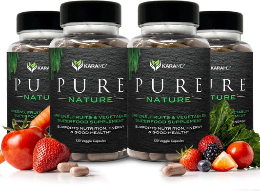 KaraMD Pure Nature | Suplemento de Verduras, Frutas y Hortalizas | Multivitamínico Integral y Antioxidantes | 20 Frutas y Verduras para Energía y Digestión | Sin Gluten y Vegano (Pack de 4)
