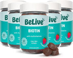BeLive Biotin Gominolas - Vitaminas para Cabello, Piel y Uñas con A, C, D, E, B12, Zinc, Folato e Inositol - 5 Paquetes (300 Gominolas) - Sabor Fresa