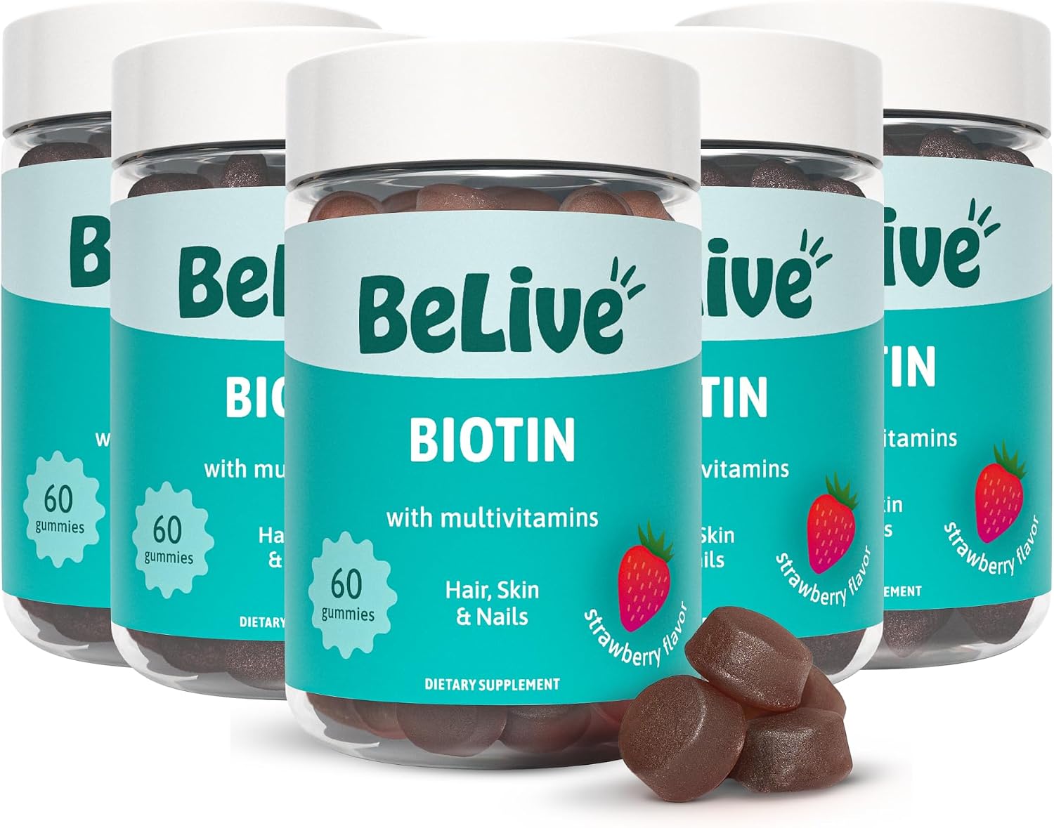 BeLive Biotin Gominolas - Vitaminas para Cabello, Piel y Uñas con A, C, D, E, B12, Zinc, Folato e Inositol - 5 Paquetes (300 Gominolas) - Sabor Fresa