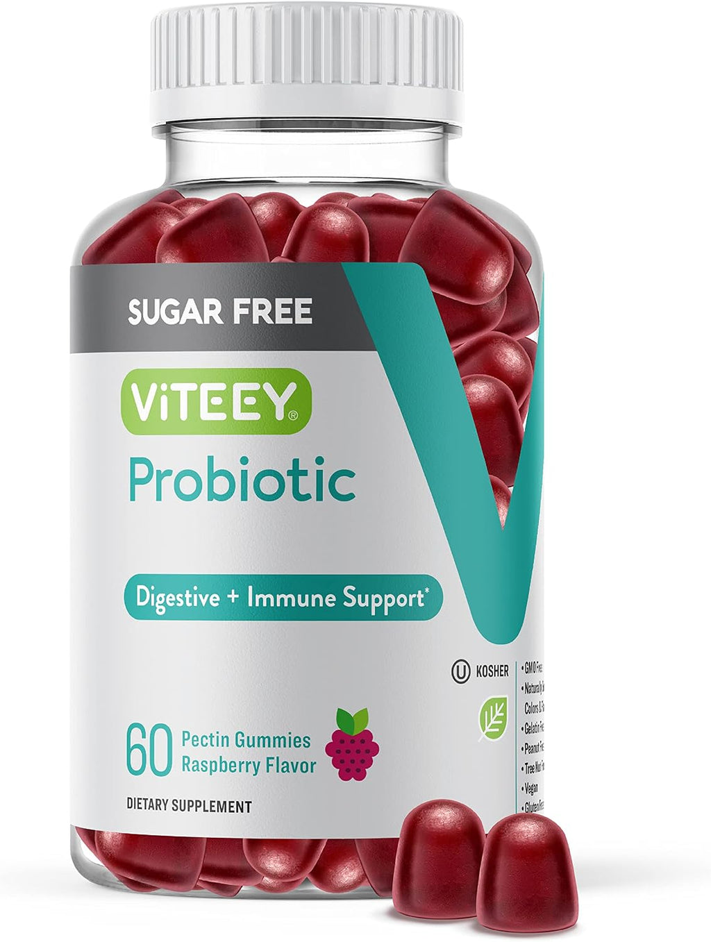 Viteey Probióticos en Gominolas Sin Azúcar - 2 Mil Millones de UFC, Sabor Frambuesa, Vegano, Sin Gelatina