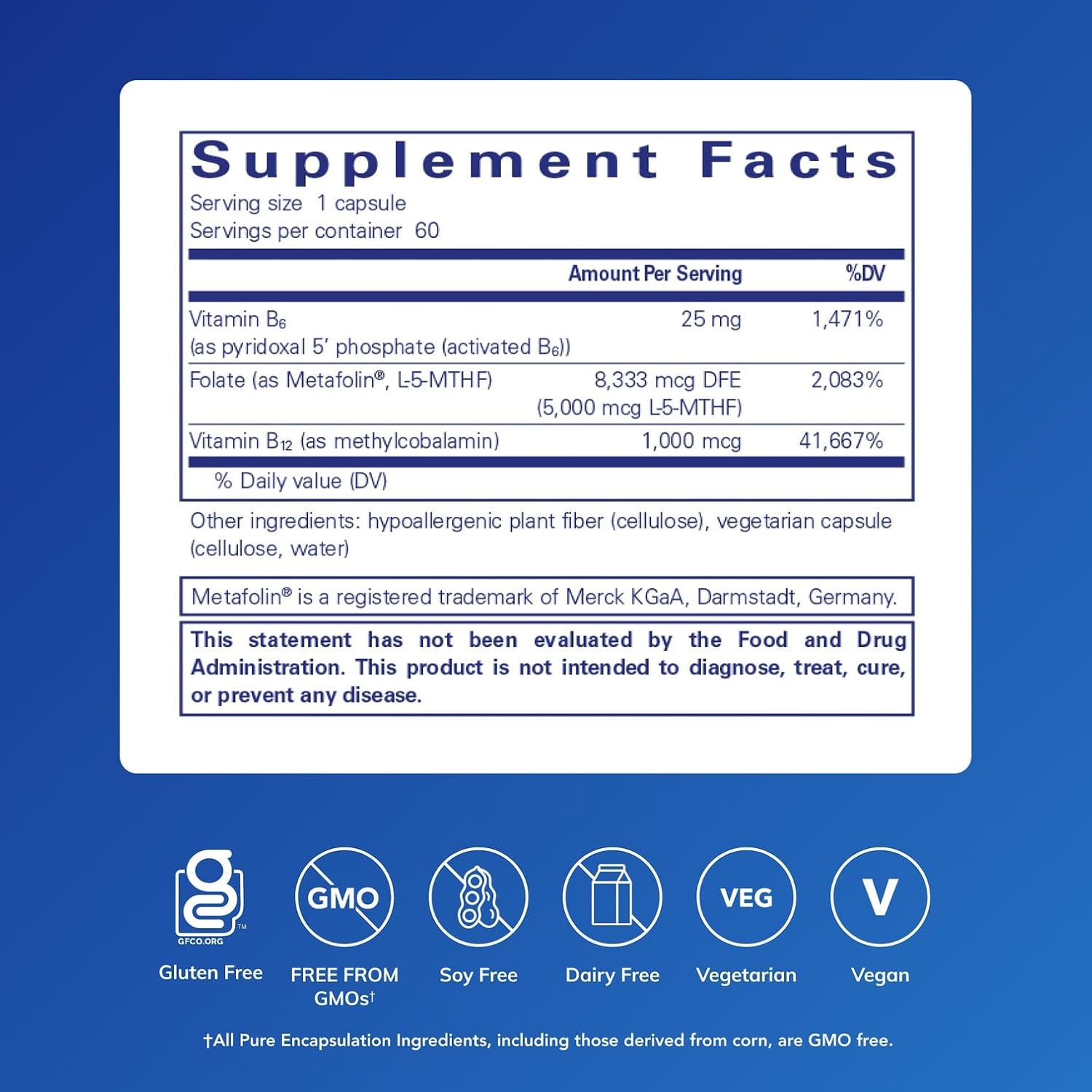 Pure Encapsulations Folato 5,000 Plus - Folato Activado, Vitamina B12 y B6 - 60 Cápsulas
