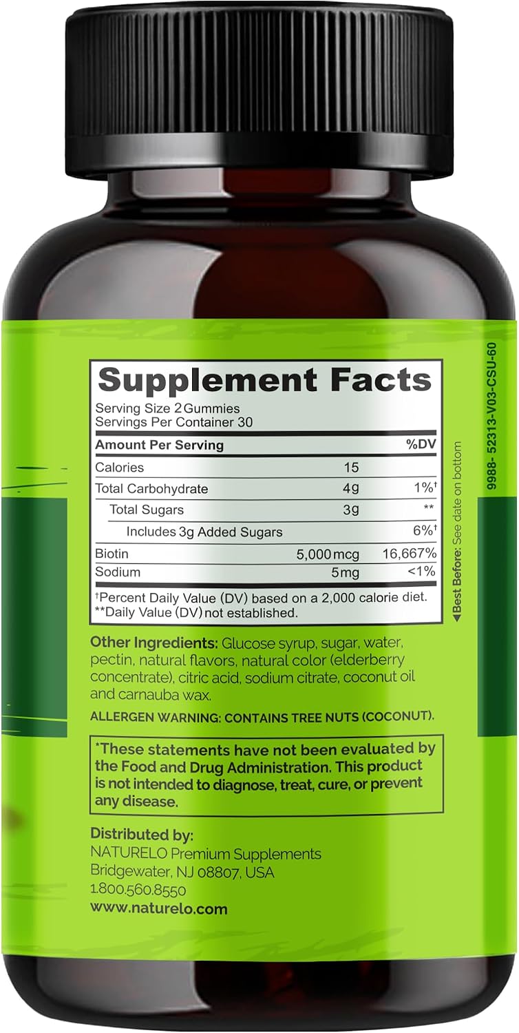 NATURELO Gominolas de Biotina - 2500 mcg - Apoyo para Cabello, Piel y Uñas - No GMO, Sin Gluten - 60 Gominolas