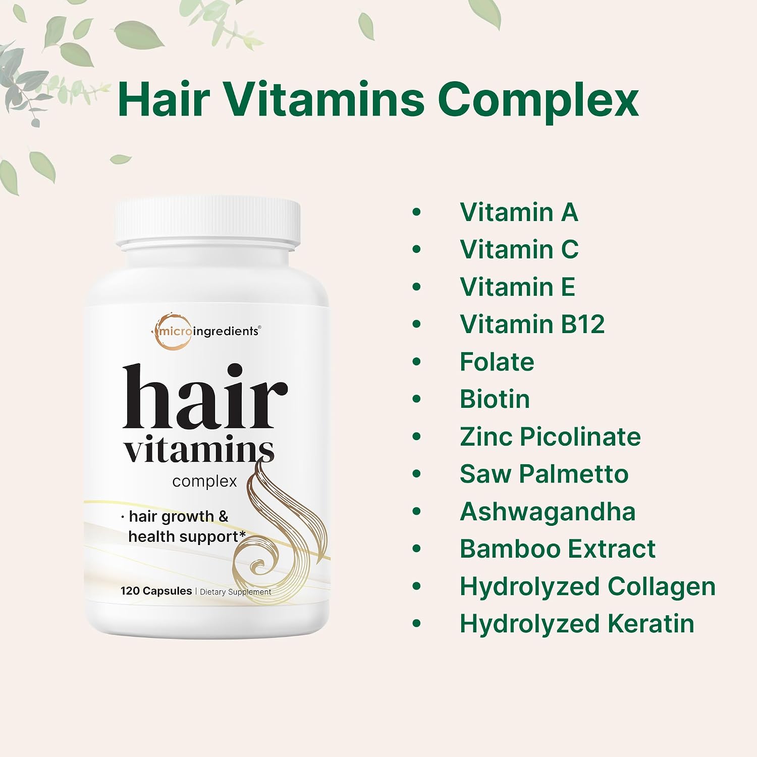 Micro Ingredients Complejo de Vitaminas para el Cabello, 120 Cápsulas