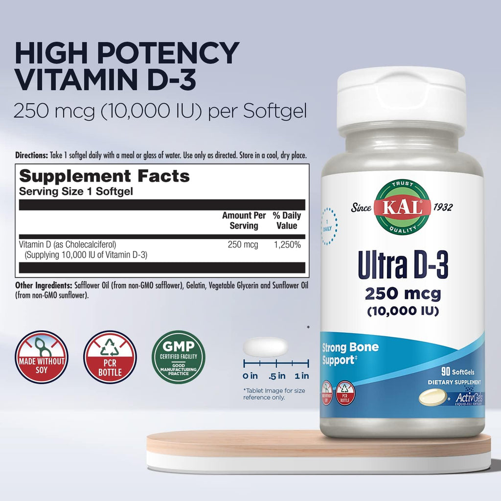 KAL Ultra Vitamina D3 10000 IU (250 mcg) - 90 Softgels