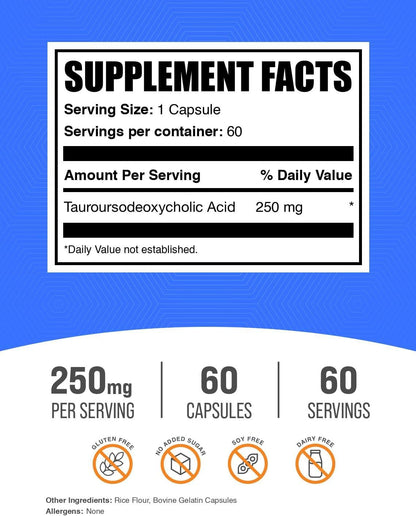 BulkSupplements.com TUDCA 250mg Cápsulas - Complemento Alimenticio de Ácido Tauroursodesoxicólico (60 Cápsulas) – Image 2