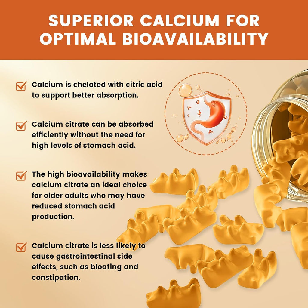 GONGOTA Gominolas de Citrato de Calcio 1200 mg con Vitamina D3 - Apoyo para Huesos, Músculos y Articulaciones - Sin Azúcar, Sabor Piña - 120 Gominolas