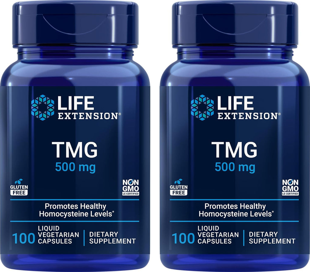 Life Extension TMG 500mg, 100 Cápsulas Líquidas Veg (Pack de 2) - Trimetilglicina (Glicina Betaína) - Suplemento Sin Gluten, No-GMO, Vegetariano