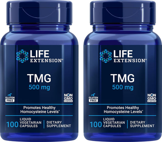 Life Extension TMG 500mg, 100 Cápsulas Líquidas Veg (Pack de 2) - Trimetilglicina (Glicina Betaína) - Suplemento Sin Gluten, No-GMO, Vegetariano
